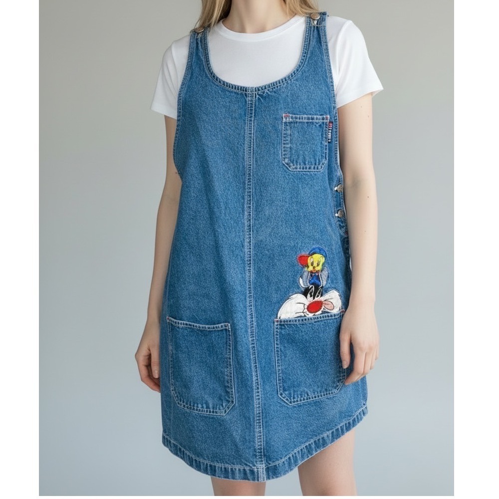 Vintage 1998 Looney Tunes Tweety Sylvester Denim Jumper Dress Medium Blue C1